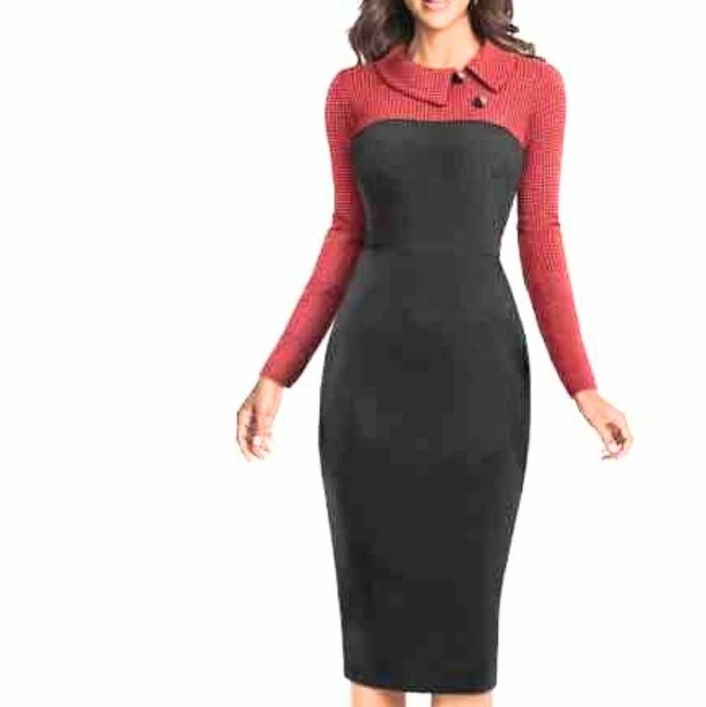 Homeyee Retro Chic Coloblock Lapel Career Dress L